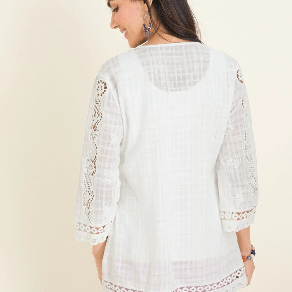 Chico's Lace Crochet Eyelet Trim Blouse White Peasant Top Size 3 16/18 H13471 - Picture 7 of 12